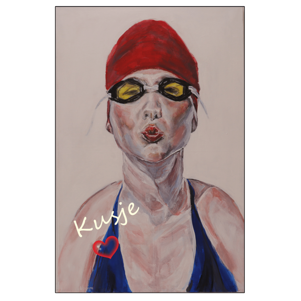 Kunstkaart 3 met tekst 'Kusje' gemaakt van schilderij 'de Zwemster' van Henk Wouters Ward's art