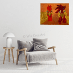 Haan hanen Schilderij Willy van Wikselaar Wards's art oranje goud geel rood