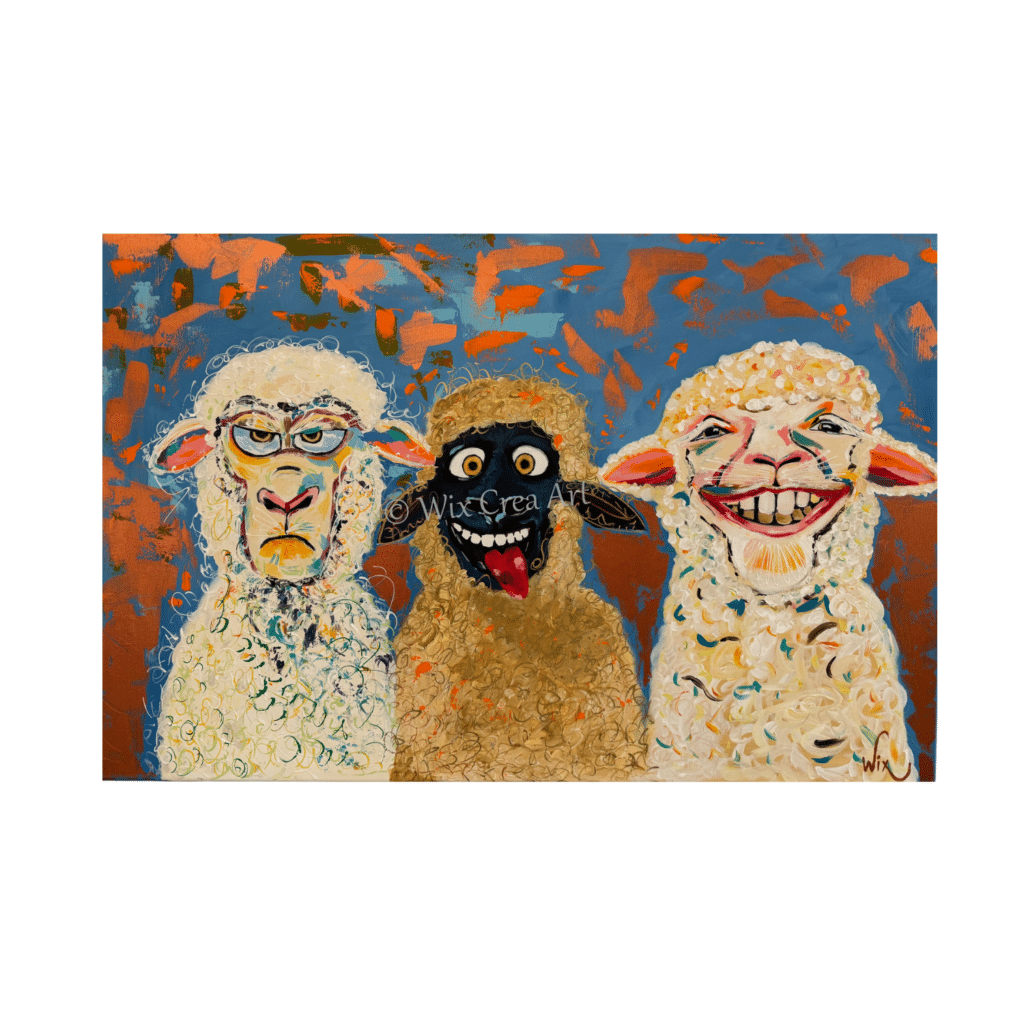 Schaap Schilderij Willy van Wikselaar Wards's art oranje brons geel rood blauw wit