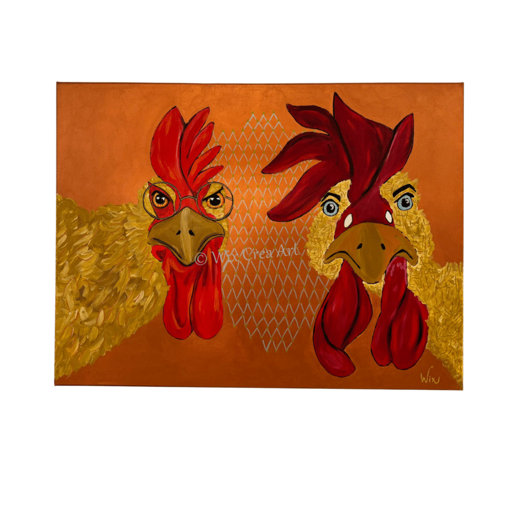 Haan hanen Schilderij Willy van Wikselaar Wards's art oranje goud geel rood