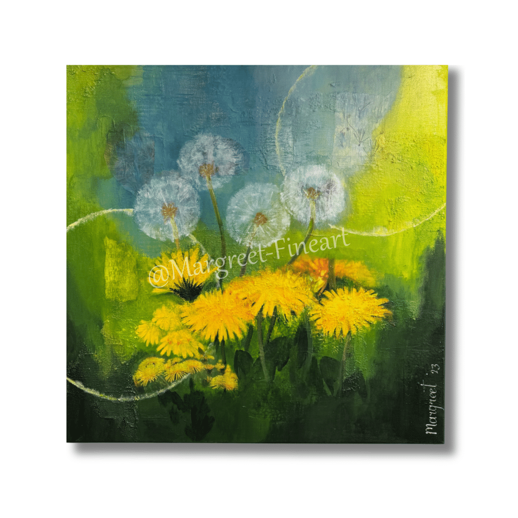 Paardenbloemen Margreet-fineart Ward's art geel wit groen schilderij