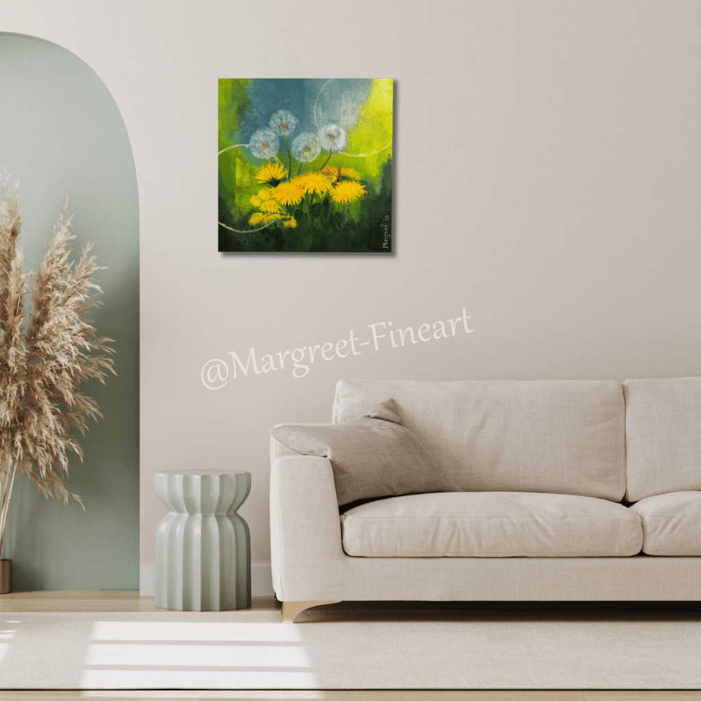 Paardenbloemen Margreet-fineart Ward's art geel wit groen schilderij