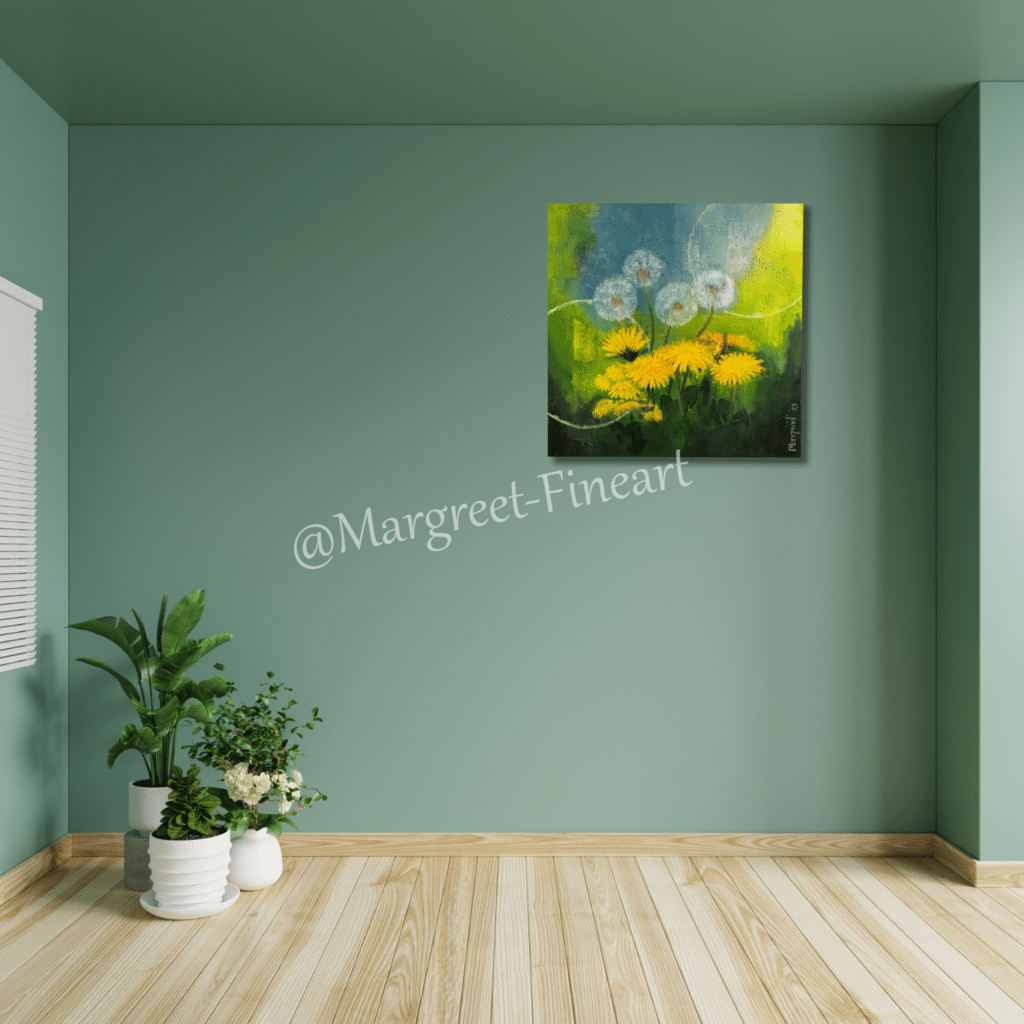 Paardenbloemen Margreet-fineart Ward's art geel wit groen schilderij