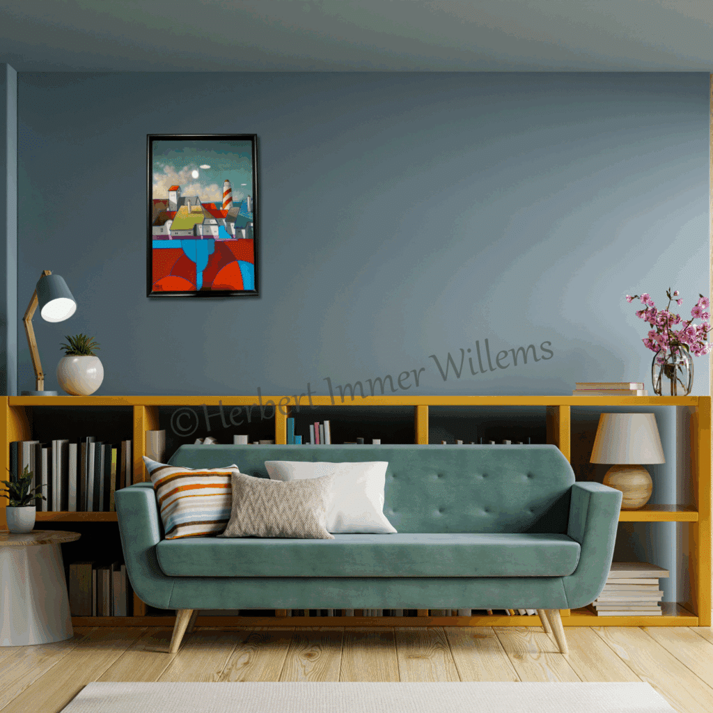 De verleiding ligt aan zee 40x60cm 695 - handgemaakt door Herbert Immer Willems Ward's art blauw rood groen