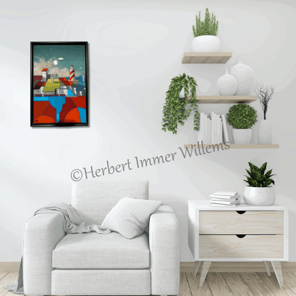 De verleiding ligt aan zee 40x60cm 695 - handgemaakt door Herbert Immer Willems Ward's art blauw rood groen