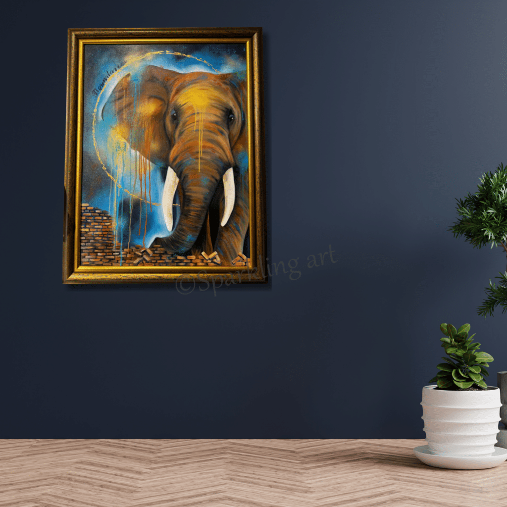 Karin vd Langenberg Ward's art Olifant boundaries goud blauw bruin schilderij