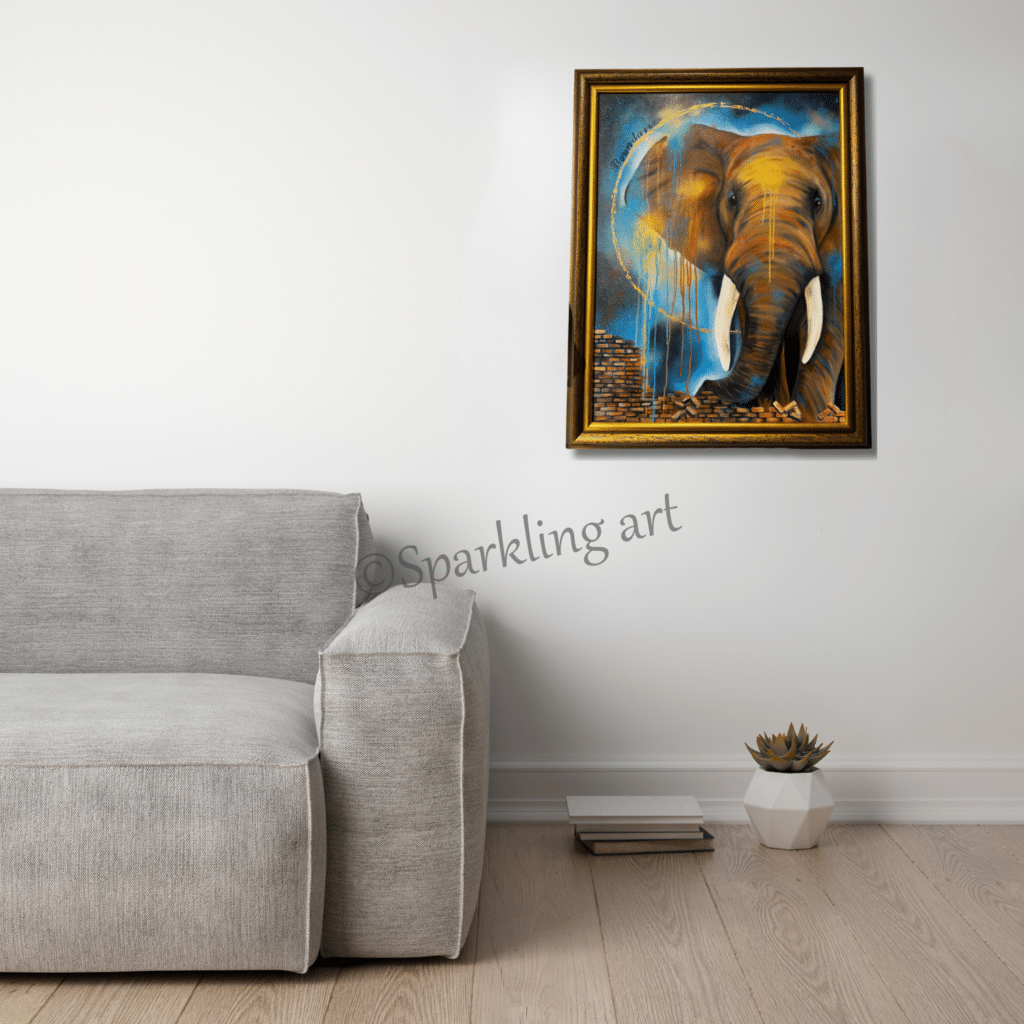 Karin vd Langenberg Ward's art Olifant boundaries goud blauw bruin schilderij