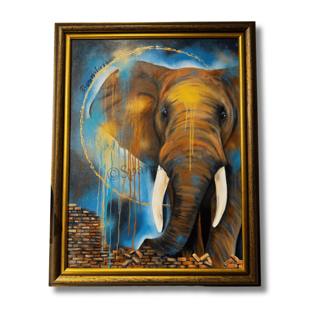 Karin vd Langenberg Ward's art Olifant boundaries goud blauw bruin schilderij