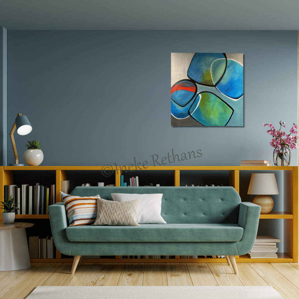 Ineke Rethans Ward's art Abstract groen blauw oranje grijs schilderij