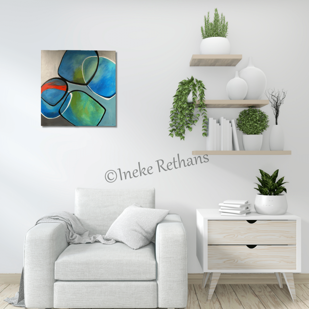 Ineke Rethans Ward's art Abstract groen blauw oranje grijs schilderij