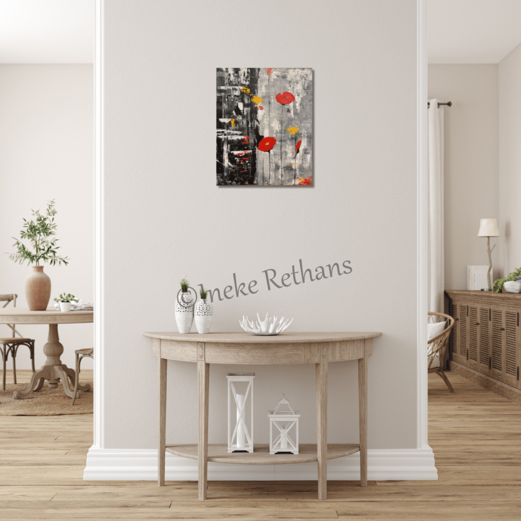 Ineke Rethans Ward's art Klaproos schilderij zwart grijs rood geel abstract