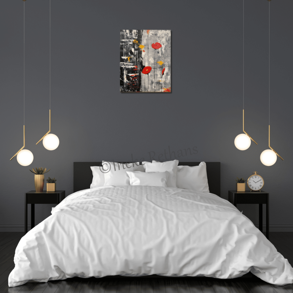 Ineke Rethans Ward's art Klaproos schilderij zwart grijs rood geel abstract