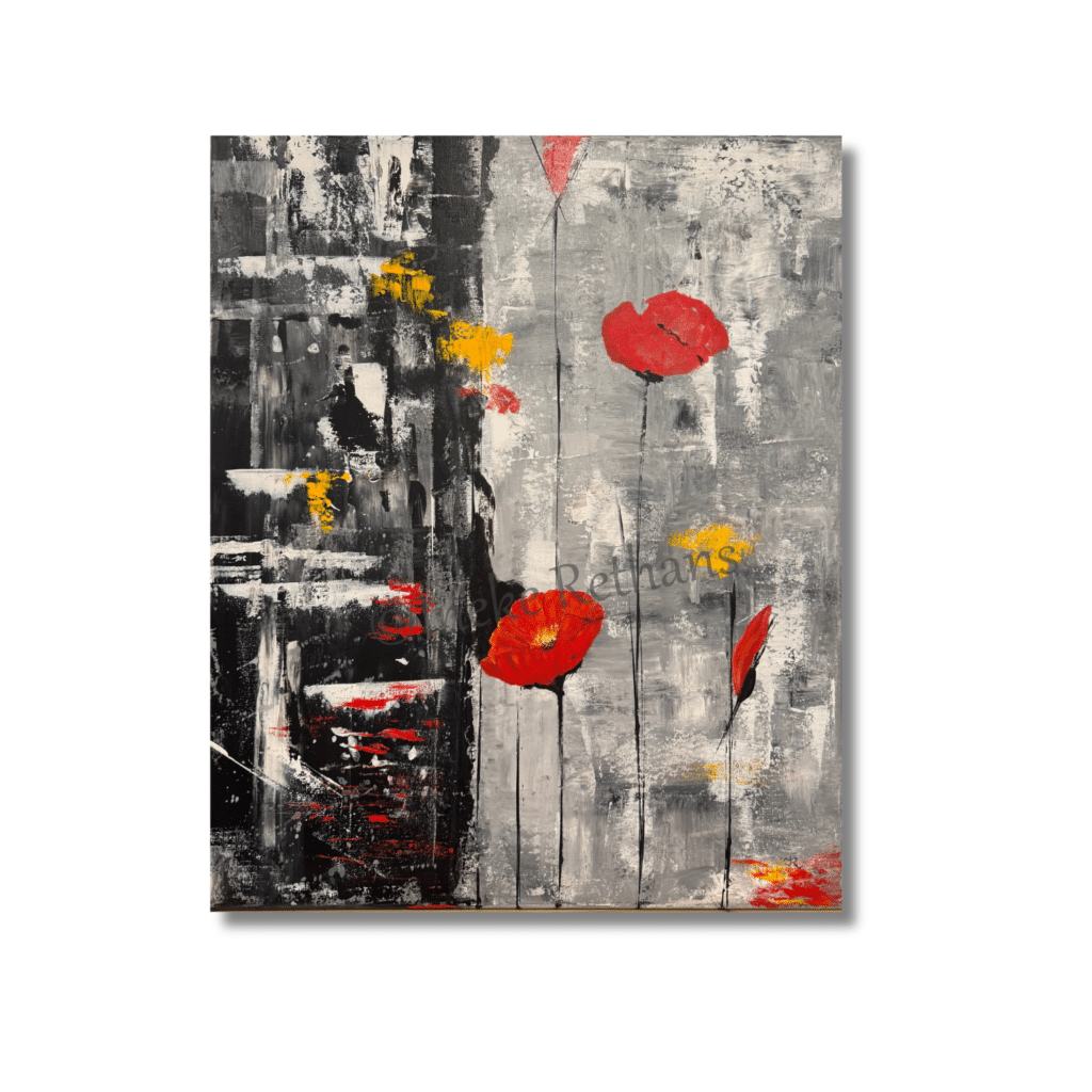 Ineke Rethans Ward's art Klaproos schilderij zwart grijs rood geel abstract