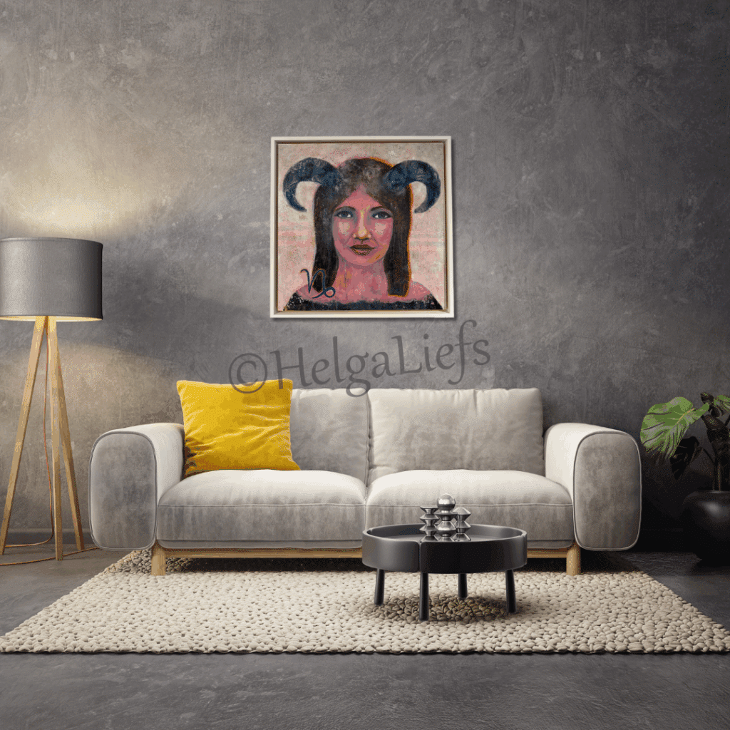 HelgaLiefs Ward's art Schilderij Capricorn Steenbok blauw roze mixed media Helga Lam