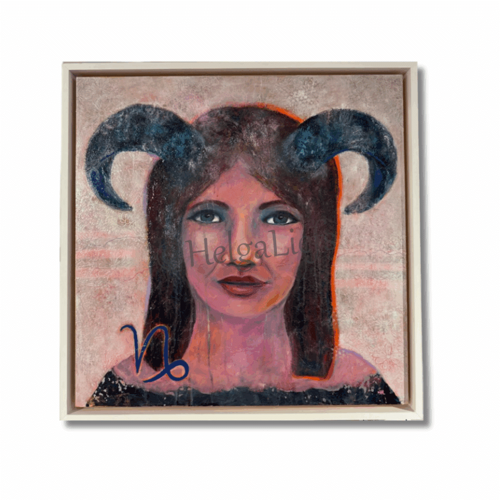 HelgaLiefs Ward's art Schilderij Capricorn Steenbok blauw roze mixed media Helga Lam