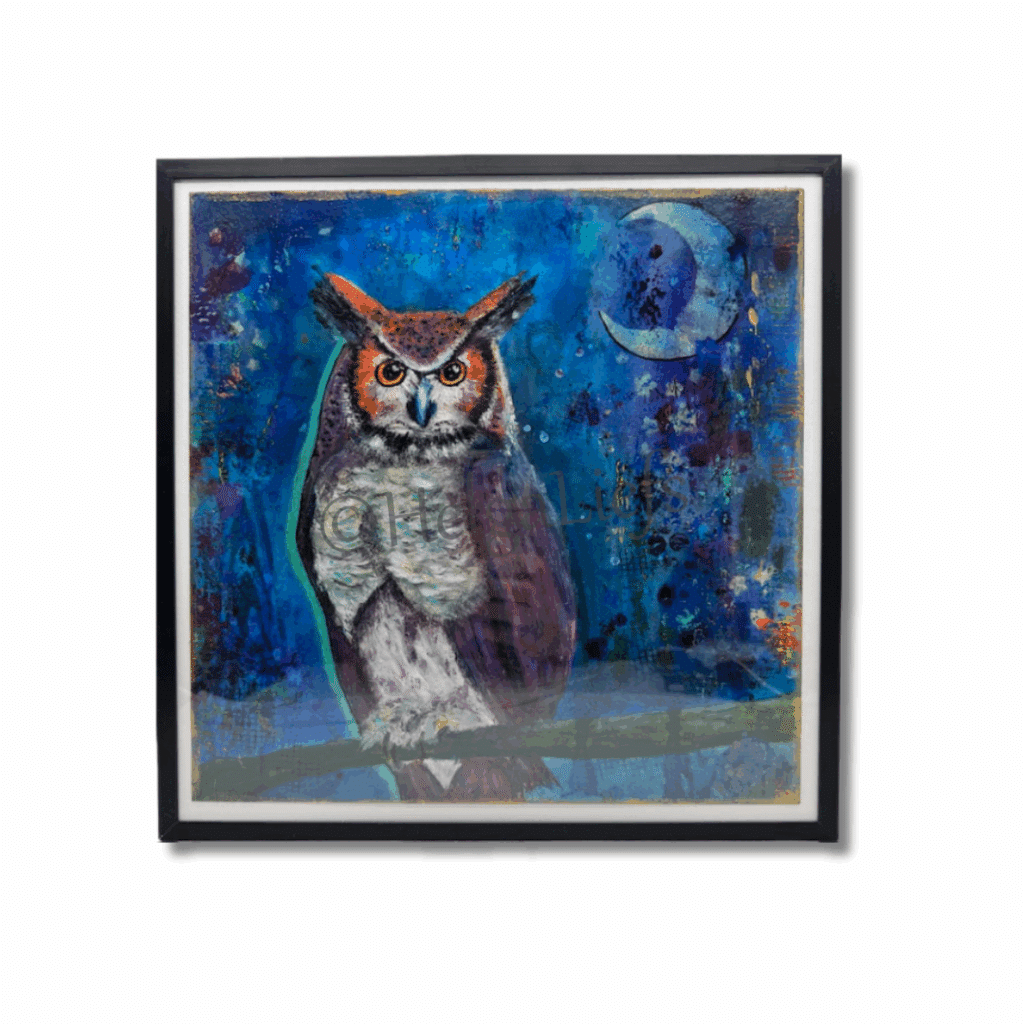 HelgaLiefs Ward's art Schilderij Uil bruin blauw mixed media Helga Lam