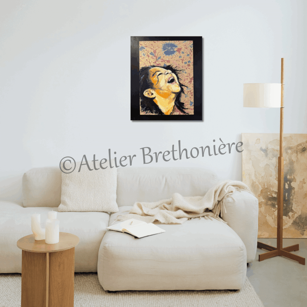 Lachende dame Atelier Brethonière Ward's art Indonesie blauw crème lachen zwart schilderij