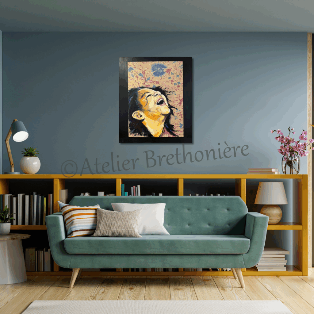 Lachende dame Atelier Brethonière Ward's art Indonesie blauw crème lachen zwart schilderij