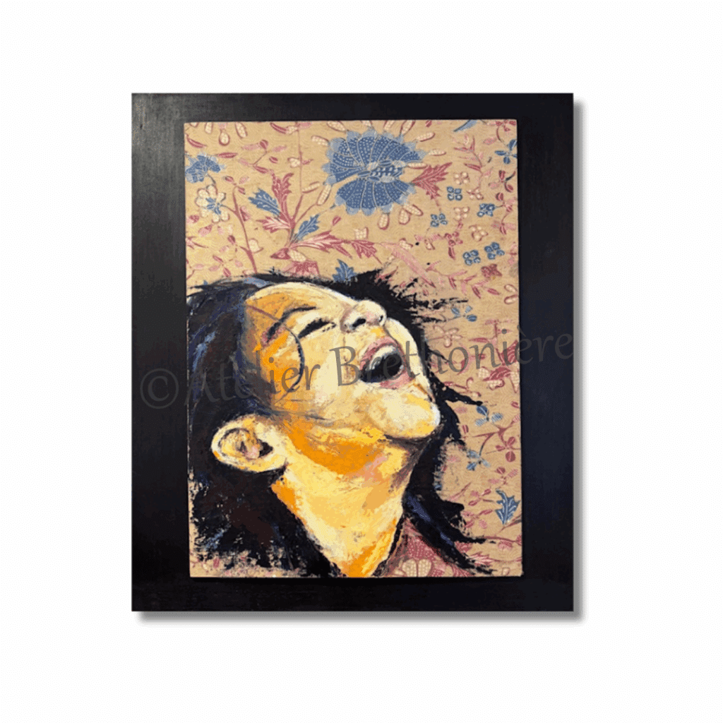 Lachende dame Atelier Brethonière Ward's art Indonesie blauw crème lachen zwart schilderij