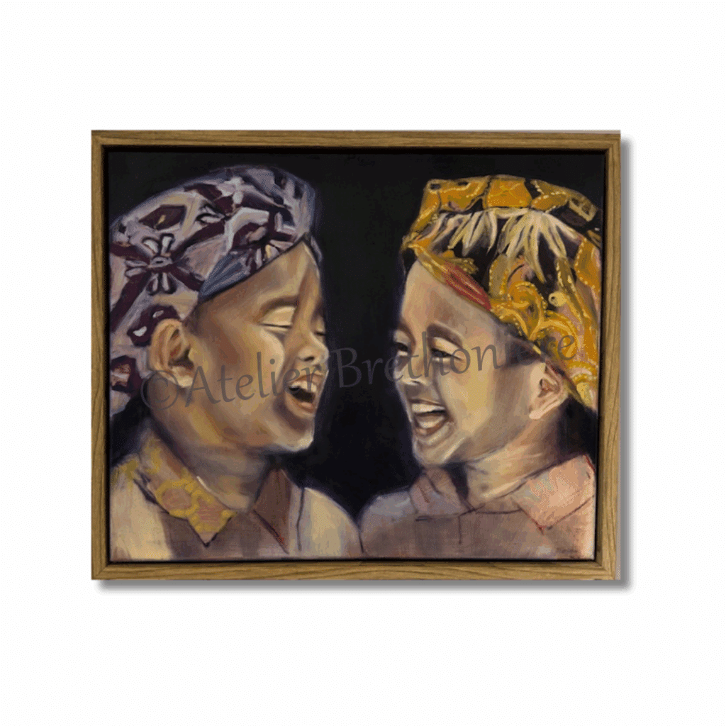 Atelier Brethonière Ward's art lachende kinderen Batik olieverf, Crème bruin Indonesië Schilderij geel
