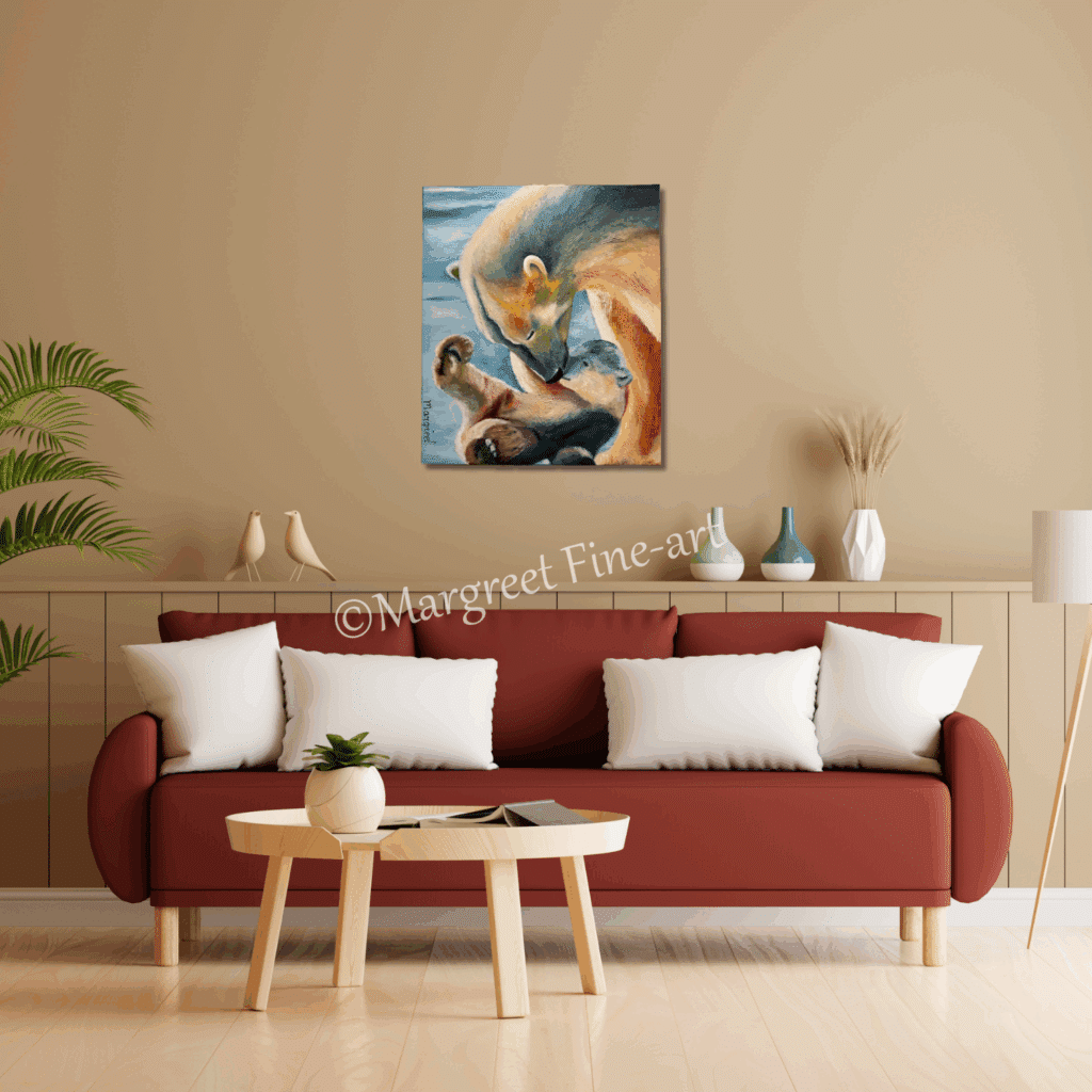 Je kietelt... 70 x 60 cm 425 - handgemaakt door Margreet Fine-art ijsbeer ijsberen wit blauw bruin groen oranje Ward's art