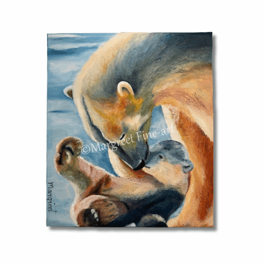 Je kietelt... 70 x 60 cm 425 - handgemaakt door Margreet Fine-art ijsbeer ijsberen wit blauw bruin groen oranje Ward's art