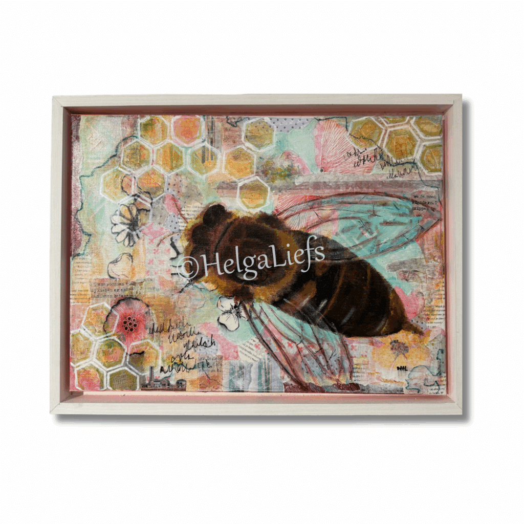 Geen polder zonder mij 44 x34 cm 135 - handgemaakt door HelgaLiefs Bij Mixed media roze, geel, honing Ward's art