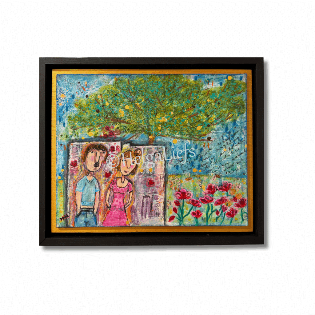 Toekomst 36 x 30 cm 149 - handgemaakt door HelgaLiefs Man vrouw boom groen roze blauw Ward's art bloemen