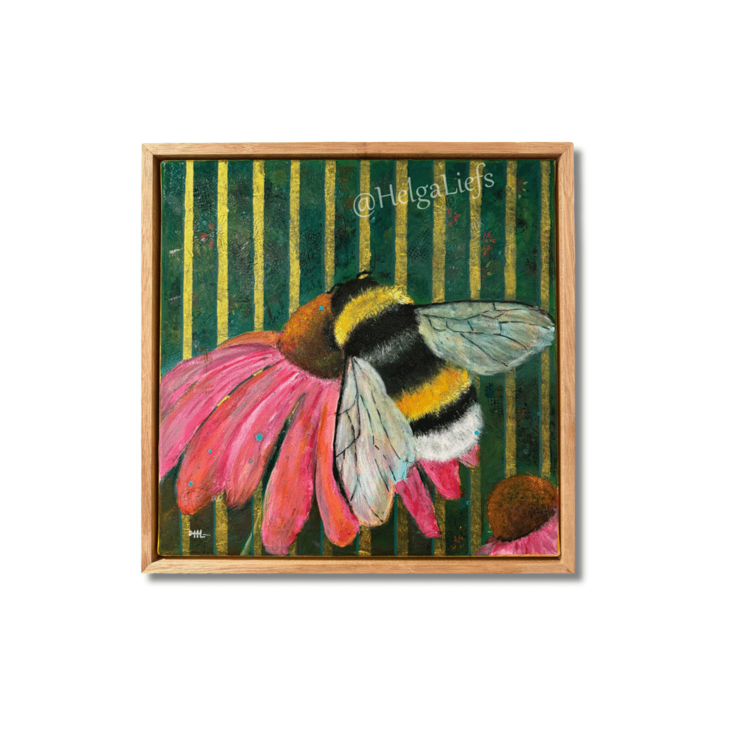 Een zoemende hommel rust op roze echinacea – strepen van groen en goud vieren kleur en leven. Stripes 40 x 40 cm 210 - handgemaakt door HelgaLiefs Ward's art schilderij