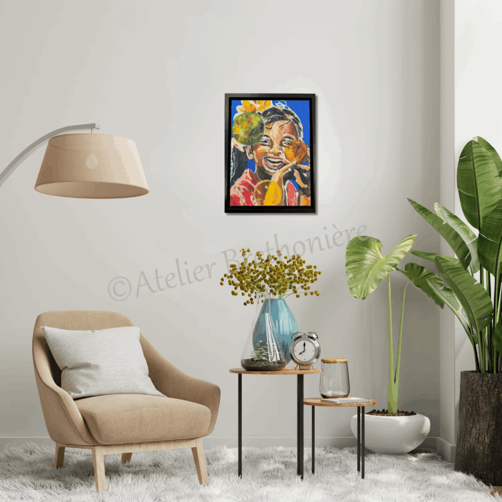Bubbelmeisje blue op canvas 34 x 44 cm 159 - handgemaakt door Atelier Brethonière Blauw meisje bubbel Ward's art canvas print