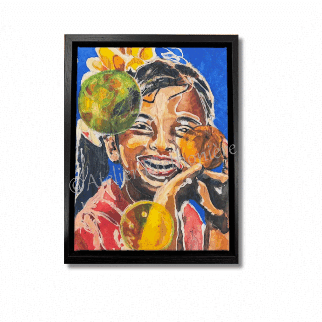 Bubbelmeisje blue op canvas 34 x 44 cm 159 - handgemaakt door Atelier Brethonière Blauw meisje bubbel Ward's art canvas print