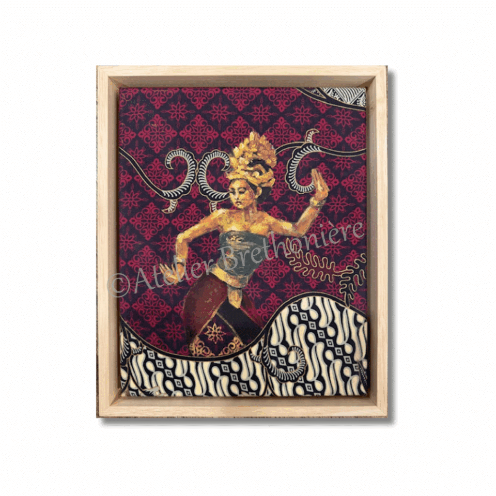 Penari Java (Javaanse danseres) 27 x 33 cm 239 - handgemaakt door Atelier Brethonière Batik Ward's art Paars Goud Schilderij