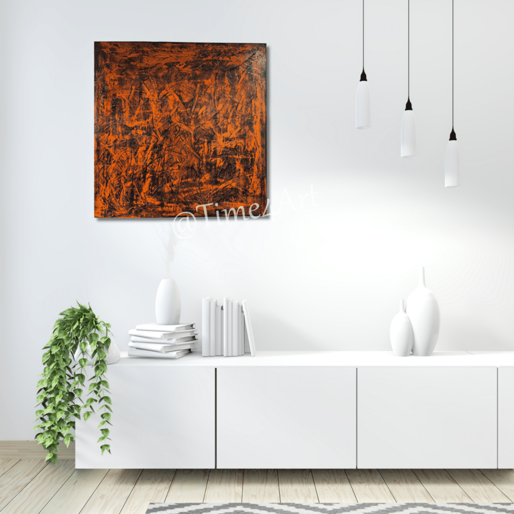 5658 Dutch Carrots 90 x90 cm 695 - handgemaakt door Time4Art -Dic Gaasbeek Oranje blauw Schilderij Abstract Ward's art