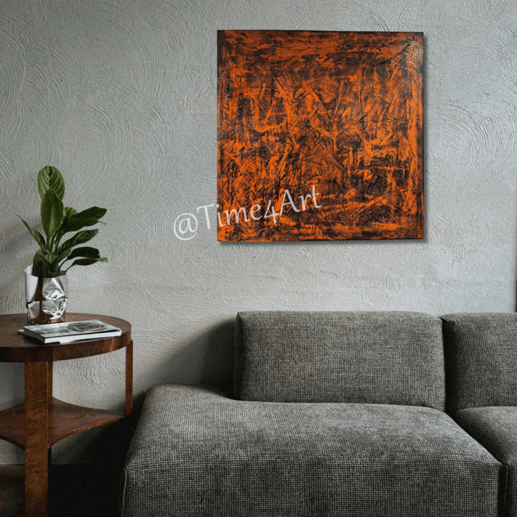 5658 Dutch Carrots 90 x90 cm 695 - handgemaakt door Time4Art -Dic Gaasbeek Oranje blauw Schilderij Abstract Ward's art