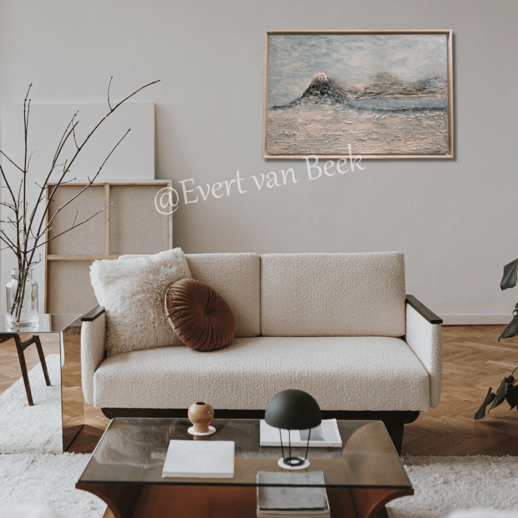 5683 Gletsjer 95 x 65 cm 675 - handgemaakt door Evert van Beek Ward's art grijs blauw bomen Schilderij