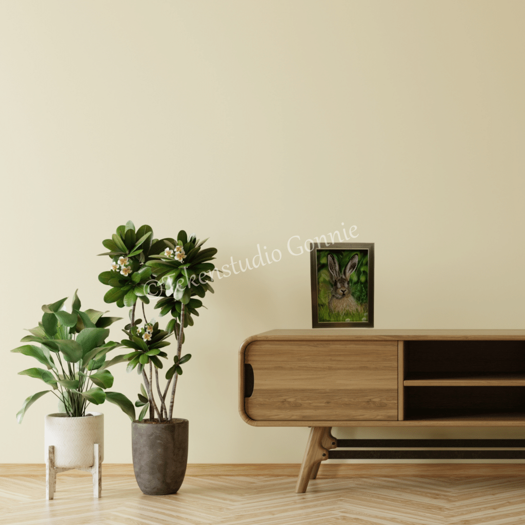 5711 Haas 15 x 20 cm 84.50 - handgemaakt door Tekenstudio Gonnie bruin groen Wards art